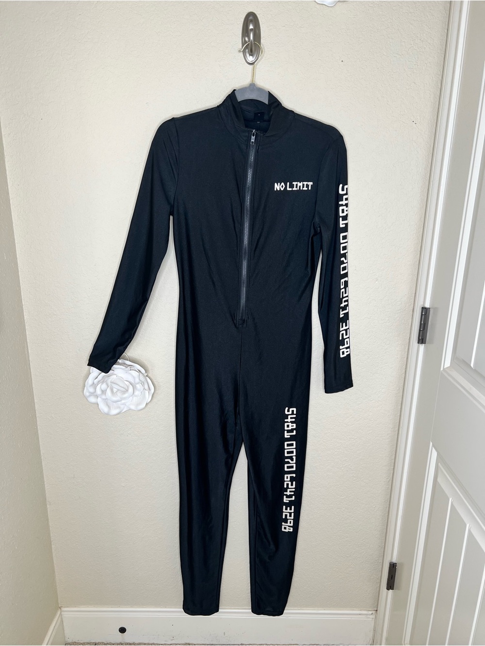 NTM: SHEIN SXY No Limit Graphic Zip Unitard Jumpsuit Halloween Costume Black L